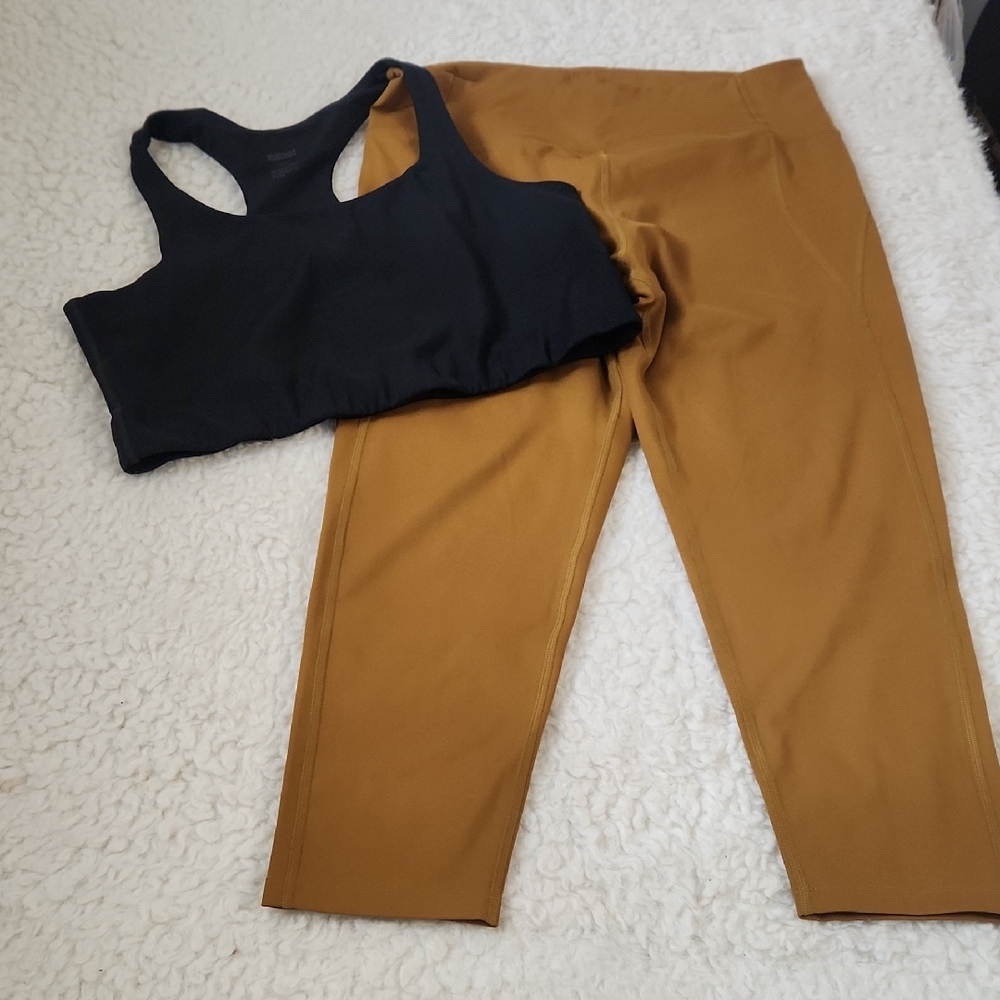 Girlfriend Collective SET Sz XXL High Rise 7/8 Legging & Sport Bra Mustard/Black